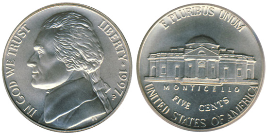 1997 Jefferson nickel obverse showing Thomas Jefferson portrait and reverse showing Monticello building with step detail