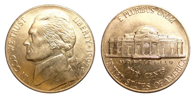 Side-by-side comparison of 1997 Jefferson nickel reverse without Full Steps (left) versus with Full Steps showing six clear separated step lines (right)