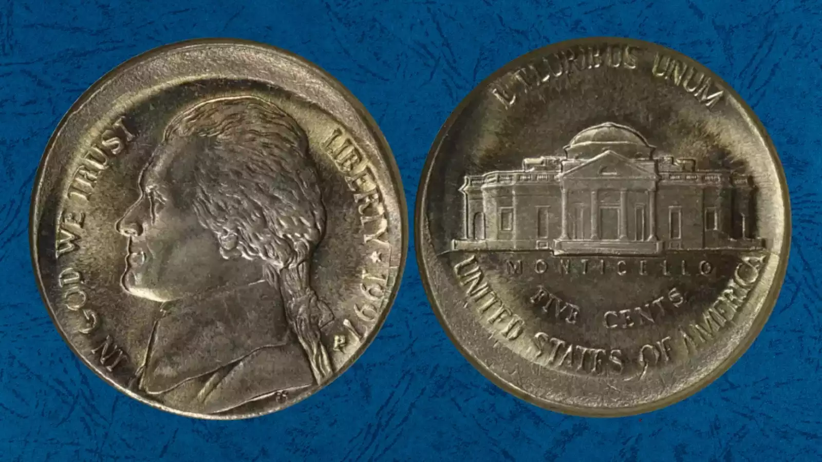 1997 Jefferson nickel broadstrike error coin showing expanded diameter with missing collar-formed rim and flat edge