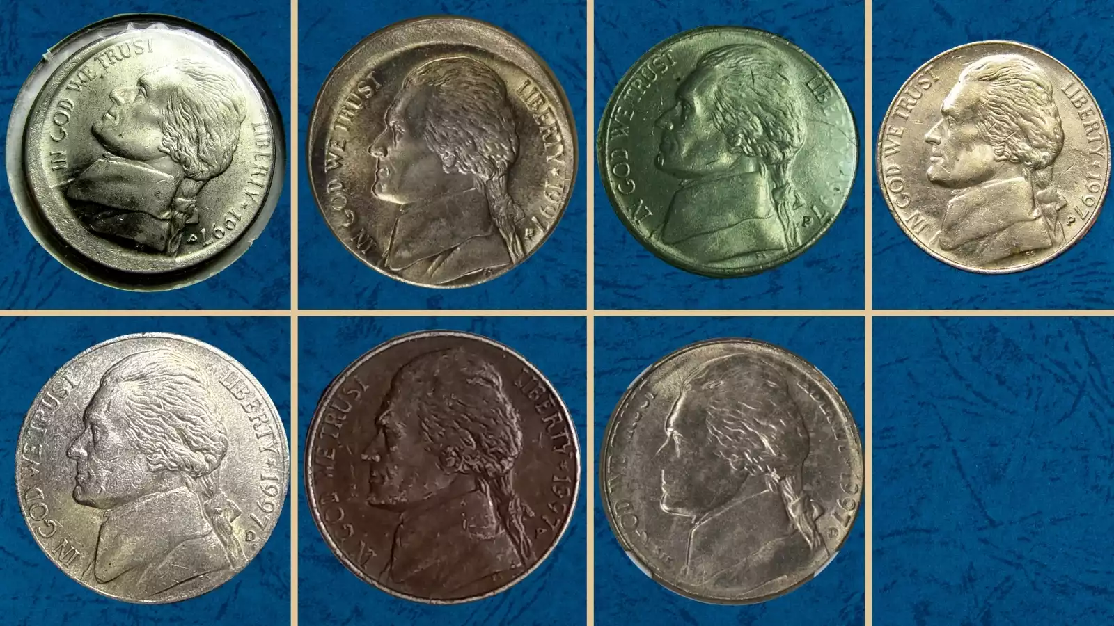 Group of 1997 Jefferson nickels showing Philadelphia, Denver, San Francisco proof, and SMS matte finish varieties side by side