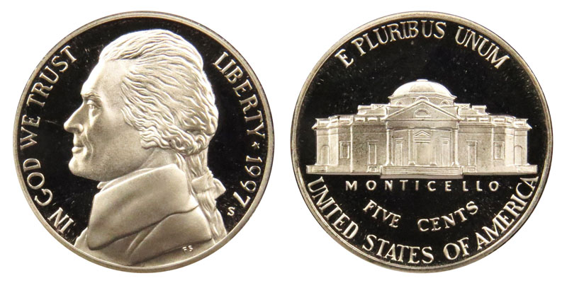 1997 Jefferson nickel grading strip showing four condition tiers side by side: worn, circulated, uncirculated, and gem mint state